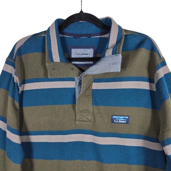 L.L. Bean Rugby Shirt Men M Blue Tan Stripe Heavyweight Cotton Vintage Style - Picture 3 of 12